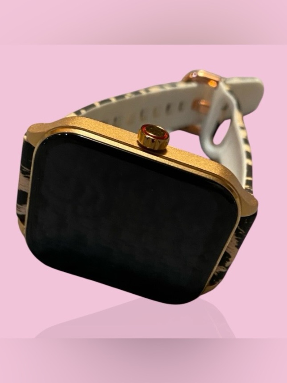 Gold Smartwatch with White Zebra-Pattern Silicone Strap